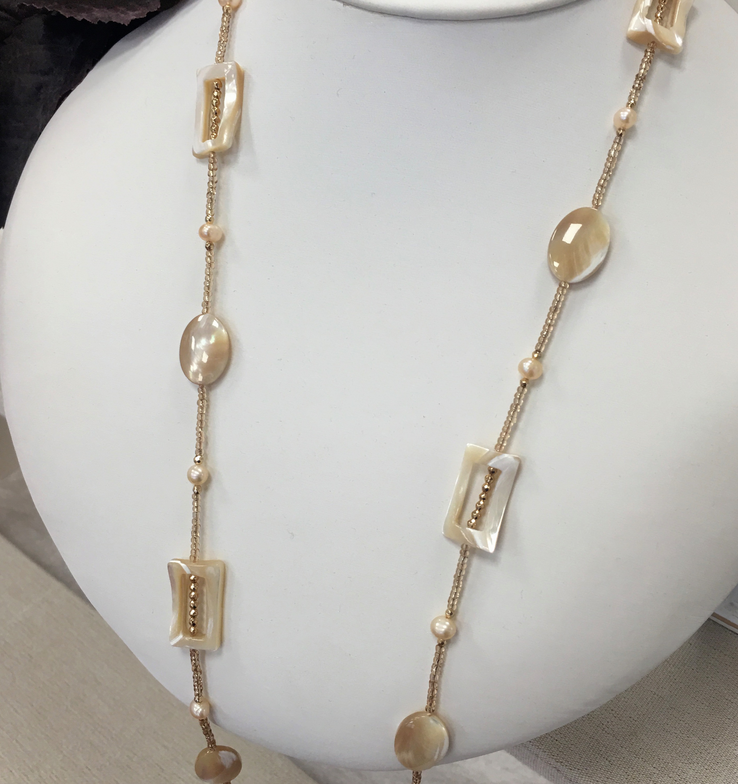 40 inch APRICOT pearl shell glass bead necklace